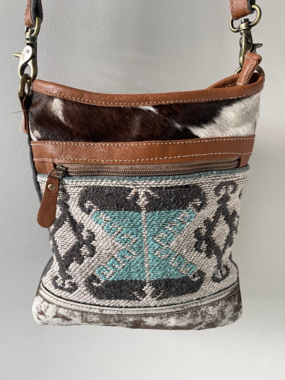 Myra Bag Southwestern Woven Crossbody w/ Leather & Cowhide Panels Turquoise
